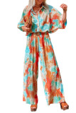 Multicolor Bohemian Tie Dye Pleated Shirt Collar Loose Jumpsuit