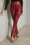 PU Leather High Waist Elastic Flare Split Pants