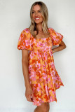 Orange Puff Sleeve Bow Knot Open Back Floral Mini Dress