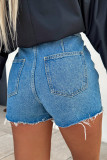 Sky Blue Button Wrap Over Raw Hem Denim Shorts