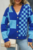 Checked V Neck Button Front Open Knitting Cardigan