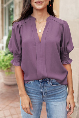 Purple Solid Color Half Sleeve V Neck Blouse