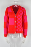 Checked V Neck Button Front Open Knitting Cardigan