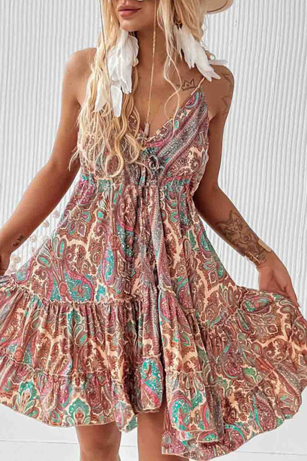 Brown Paisley Print Sleeveless V-Neck Tassel Tie Ruffle Dress