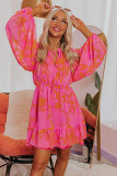 Rose Abstract Printed Puff Sleeve Ruffle Flowy Dress