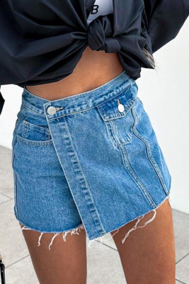 Sky Blue Button Wrap Over Raw Hem Denim Shorts