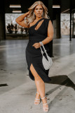 Black Cutout One Shoulder Plus Size Mid Dress