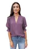 Purple Solid Color Half Sleeve V Neck Blouse