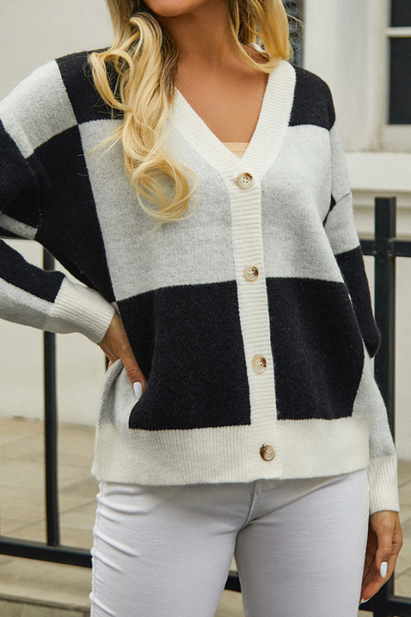 V Neck Button Colorblock Cardigan