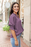 Purple Solid Color Half Sleeve V Neck Blouse