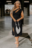Black Cutout One Shoulder Plus Size Mid Dress