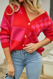 Checked V Neck Button Front Open Knitting Cardigan
