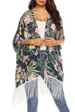 Fringe Hem Open Floral Kimono