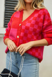 Checked V Neck Button Front Open Knitting Cardigan