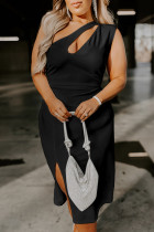 Black Cutout One Shoulder Plus Size Mid Dress
