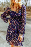 Blue Floral Print Smocked Square Neck Bubble Sleeve Dress