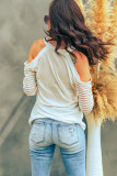 White Hello PUMPKIN Graphic Cold Shoulder Striped Mesh Sleeve Top
