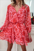 Red Floral Ruffle Layered Puff Sleeve Surplice Dress