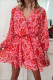 Red Floral Ruffle Layered Puff Sleeve Surplice Dress