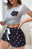 Black Plaid Pockets Short Sleeves Top With Shorts 2pcs Lounge Set