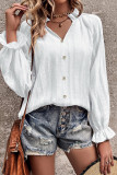 V Neck Button Puff Sleeves Top