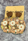 Western Floral Print Wooded Round Earrings MOQ 5pcs