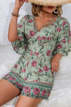 Green Floral Print One Piece Romper