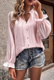 V Neck Button Puff Sleeves Top