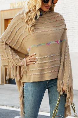 Plain Knit With Colorful Tape High Collar Sweater Cape
