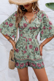 Green Floral Print One Piece Romper