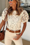 Apricot Crochet Lace Hollowed Puff Sleeve Blouse