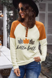 Brown Hello Fall Leaves Print Graphic Colorblock Henley Top