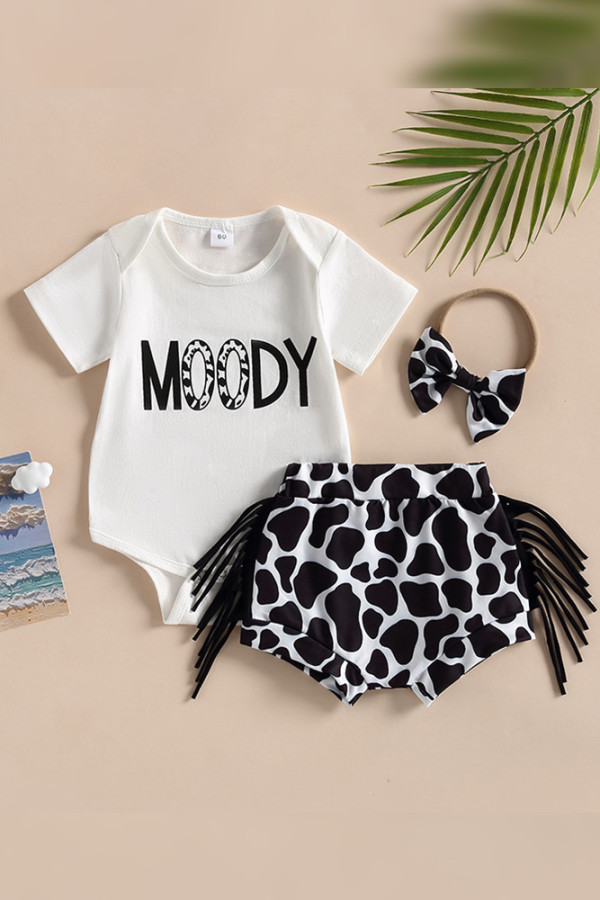 Cow Print Tassle Kids Romper 3PCS Set