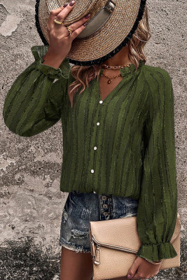 V Neck Button Puff Sleeves Top