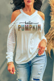 White Hello PUMPKIN Graphic Cold Shoulder Striped Mesh Sleeve Top