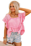 Pink Eyelet Lace Patchwork Frayed Crinkle Blouse