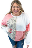 Pink Leopard Patchwork Color Block Knitted Plus Size Top
