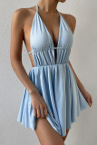 Lt Blue V Neck Halter Backless Swing Dress