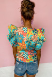 Green Vibrant Floral Print Trimmed Ruffle Sleeve Blouse