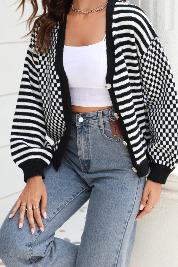 Plaid and Stripes Splicing Button Knitting Cardigan