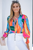 Multicolor Swirl Color Block Print Lantern Sleeve Shirt