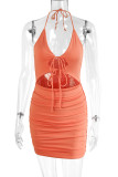 Orange Hollow Out Ruched Halter Bodycon Dress