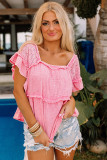 Pink Eyelet Lace Patchwork Frayed Crinkle Blouse