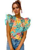 Green Vibrant Floral Print Trimmed Ruffle Sleeve Blouse