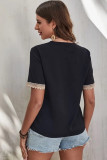 Plain V Neck Lace Edge Short Sleeves Top