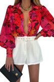 Red Floral Print Lantern Sleeve Shirt