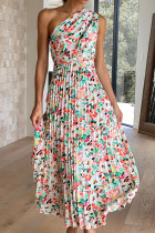 Green Boho Floral One-Shoulder Sleeveless Pleated Maxi Dress