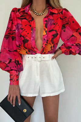 Red Floral Print Lantern Sleeve Shirt