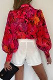 Red Floral Print Lantern Sleeve Shirt