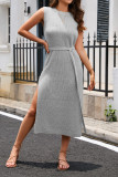 Plain Knitting Long Split Dress